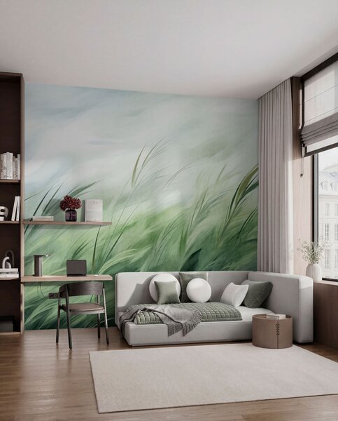 Tapet Verde salvie, cu ierburi delicate care se leagănă ușor în adierea liniștită a vântului, Fototapet Natură, w05853 : Uwalls.ro