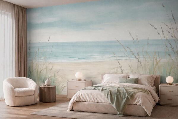 Tapet Nisip cu cochilii, o plajă liniștită și iarbă în nuanțe delicate de pastel, Fototapet Marea, w05821 : Uwalls.ro
