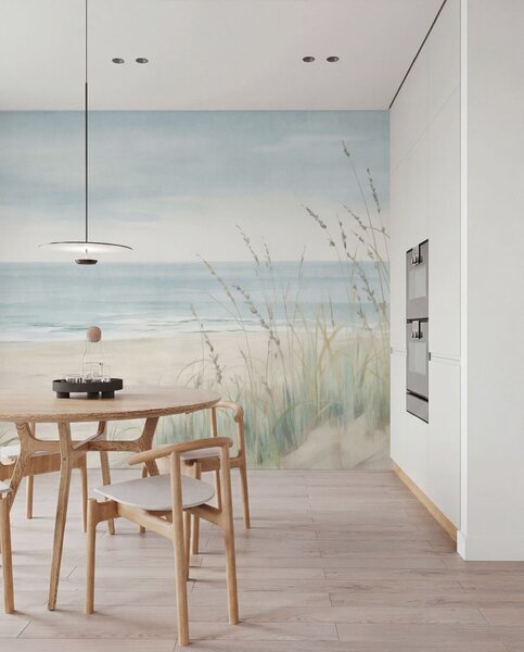 Tapet Nisip cu cochilii, o plajă liniștită și iarbă în nuanțe delicate de pastel, Fototapet Marea, w05821 : Uwalls.ro