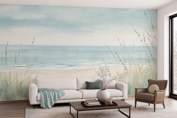 Tapet Nisip cu cochilii, o plajă liniștită și iarbă în nuanțe delicate de pastel, Fototapet Marea, w05821 : Uwalls.ro