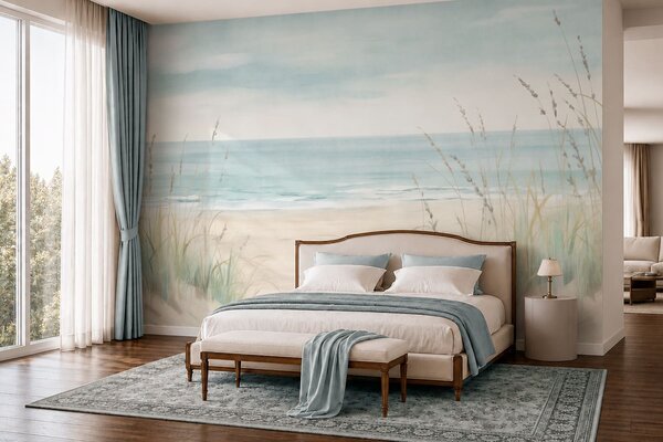 Tapet Nisip cu cochilii, o plajă liniștită și iarbă în nuanțe delicate de pastel, Fototapet Marea, w05821 : Uwalls.ro