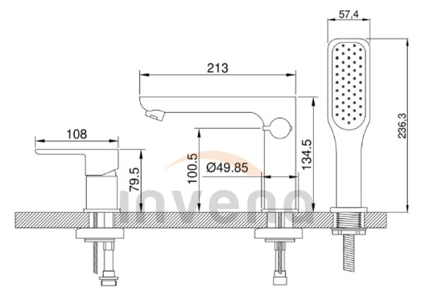 Invena Dokos, baterie de baie cu 3 orificii, crom, INV-BW-19-S01-V