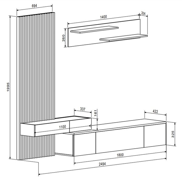 Mobilier living REBECA PLUS, stejar artisan/alb, PAL, 250x43x200 cm
