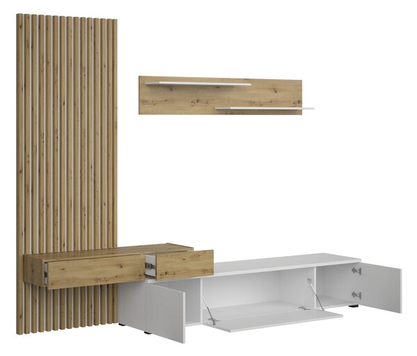 Mobilier living REBECA PLUS, stejar artisan/alb, PAL, 250x43x200 cm