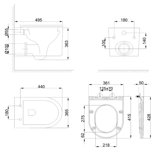 Invena Glamour, vas de toaletă montat pe perete cu Swirlflush 495x365x363 mm + scaun de toaletă cu închidere lentă, alb, INV-CE-92-001-L