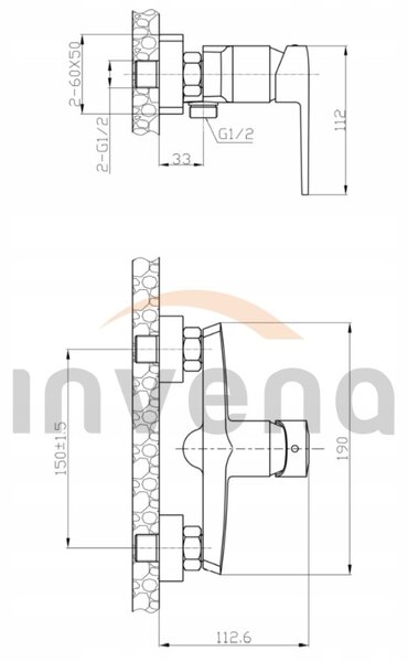 Invena Fira, baterie de dus de perete, negru mat, INV-BN-71-004-V