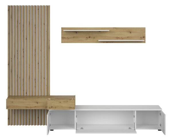 Mobilier living REBECA PLUS, stejar artisan/alb, PAL, 250x43x200 cm
