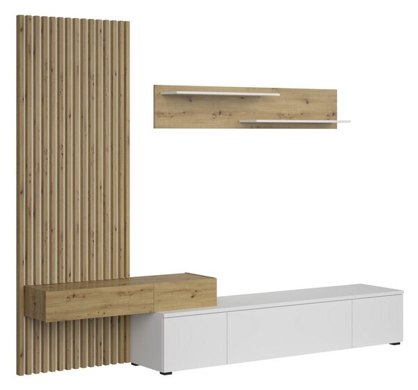 Mobilier living REBECA PLUS, stejar artisan/alb, PAL, 250x43x200 cm