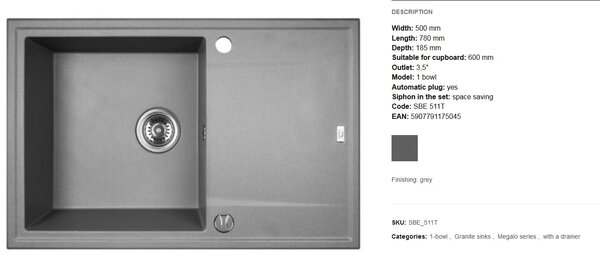 Laveo Megalo, chiuvetă granit cu 1 cameră 780x500x185 mm, gri, LAV-SBE_511T