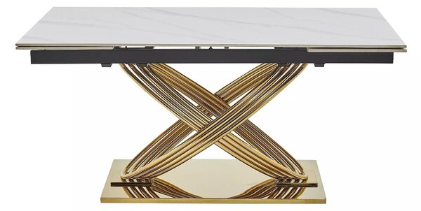 Masa extensibila HERMES II, alb cu efect de marmura/auriu, ceramica/metal, 160/240x90x75 cm