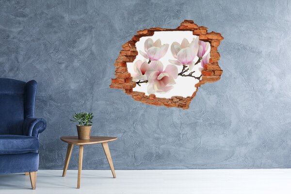 Fototapet un zid spart cu priveliște Flori de magnolie printr-o gaură în perete