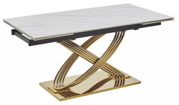Masa extensibila HERMES II, alb cu efect de marmura/auriu, ceramica/metal, 160/240x90x75 cm
