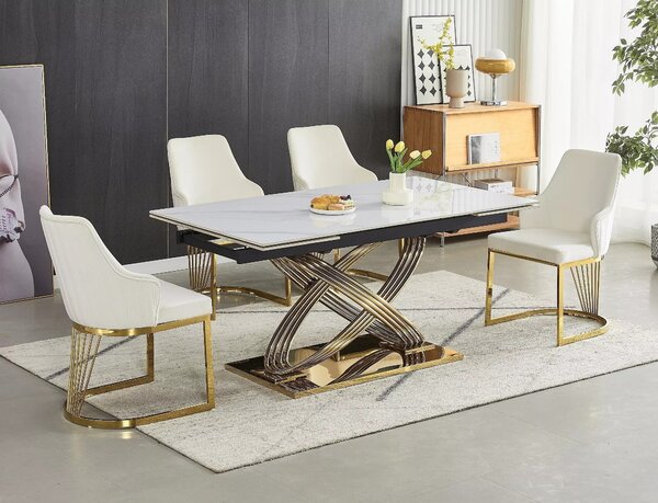 Masa extensibila HERMES II, alb cu efect de marmura/auriu, ceramica/metal, 160/240x90x75 cm
