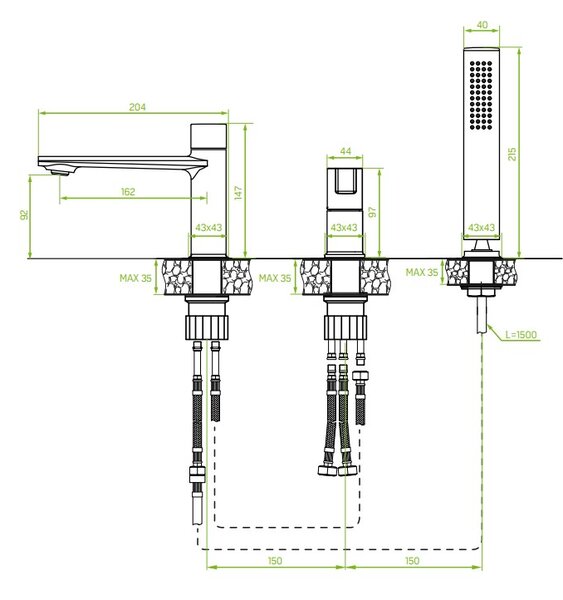 Laveo Tores, baterie de baie cu 3 orificii, crom, LAV-BVT_013D