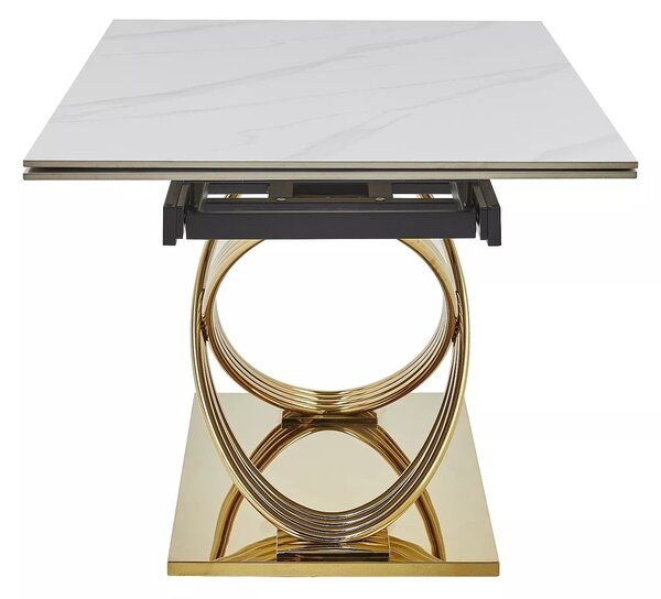 Masa extensibila HERMES II, alb cu efect de marmura/auriu, ceramica/metal, 160/240x90x75 cm
