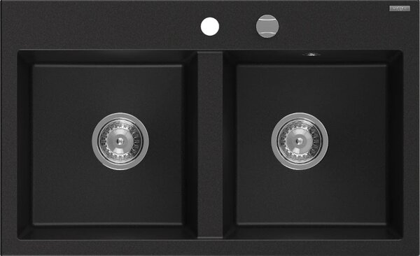 Mexen Hektor, chiuveta granit cu 2 camere 800x480x205 mm, negru, sifon cromat, 6521802000-77