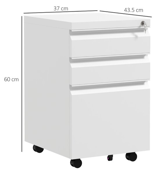 Vinsetto Dulap de Arhivare Mobil cu 3 Sertare, Comodă cu Roți din Oțel, Inchidere cu Cheie, Format A4, 37x43,5x60 cm, Alb | Aosom Romania