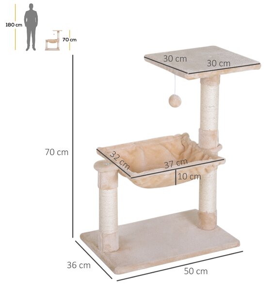 PawHut Turn pentru Pisici max 3.6kg, Copac pentru Zgariat pentru Pisici ca hamac si Minge Agatata din Lemn si Plus, 50x36x70cm, Bej | Aosom Romania
