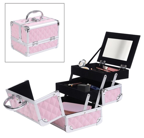 HOMCOM Trusa Machiaj Profesionala, Beauty Case pentru Make Up cu Profile din Aluminiu, Maner si Tava in Consola, 20x15x15cm, Roz | Aosom Romania