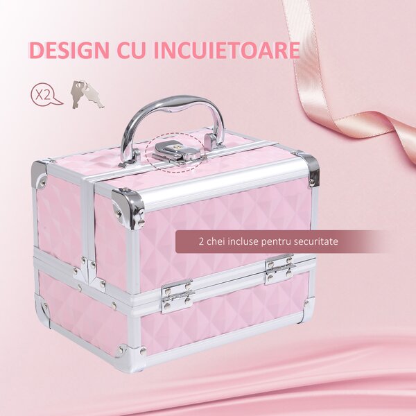 HOMCOM Trusa Machiaj Profesionala, Beauty Case pentru Make Up cu Profile din Aluminiu, Maner si Tava in Consola, 20x15x15cm, Roz | Aosom Romania