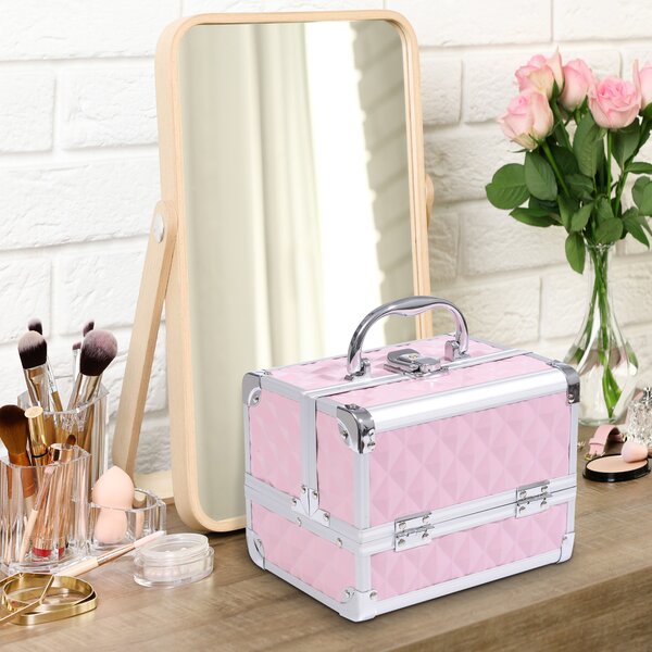 HOMCOM Trusa Machiaj Profesionala, Beauty Case pentru Make Up cu Profile din Aluminiu, Maner si Tava in Consola, 20x15x15cm, Roz | Aosom Romania