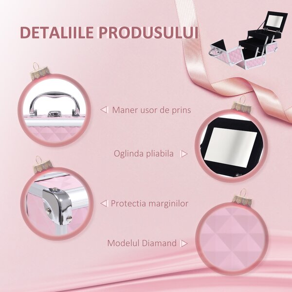 HOMCOM Trusa Machiaj Profesionala, Beauty Case pentru Make Up cu Profile din Aluminiu, Maner si Tava in Consola, 20x15x15cm, Roz | Aosom Romania