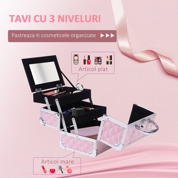 HOMCOM Trusa Machiaj Profesionala, Beauty Case pentru Make Up cu Profile din Aluminiu, Maner si Tava in Consola, 20x15x15cm, Roz | Aosom Romania