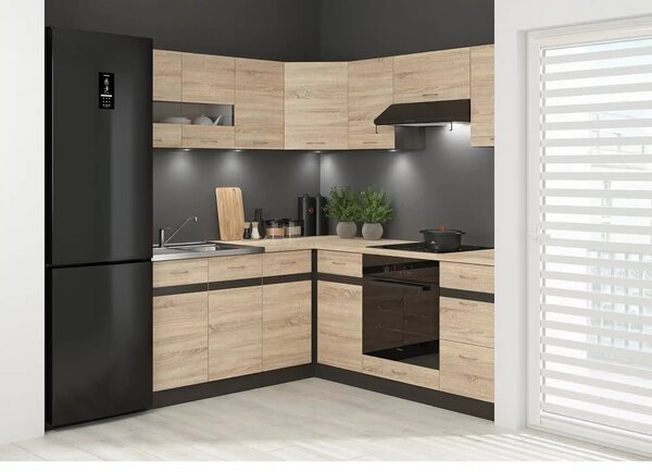 Set bucatarie JUNONA LINE, stejar sonoma/wenge, PAL, 180x200 cm, dreapta, cu blat stejar sonoma