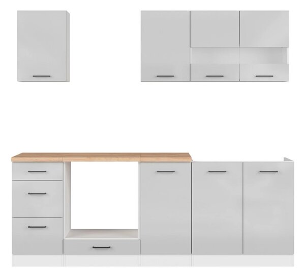 Set bucatarie JUNONA LINE, gri deschis/alb, PAL, 220 cm, cu blat stejar artisan
