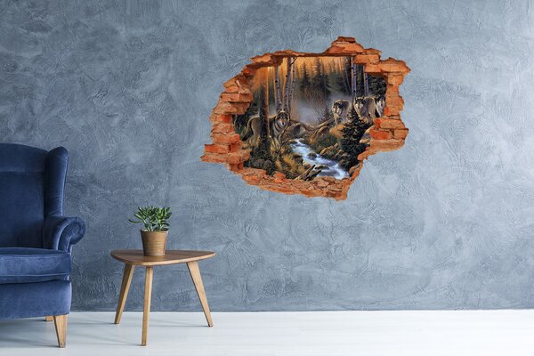Fototapet 3D gaură în perete Lupi în peisajul forestier