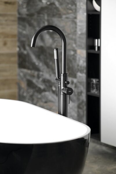 Aqualine Sapho, baterie de baie CETO cu racord la podea, 1175 mm, negru mat, BV357B
