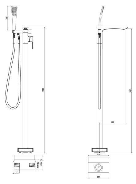 Sapho Sapho, baterie de baie GINKO cu racord la podea, negru mat, 1101-21B