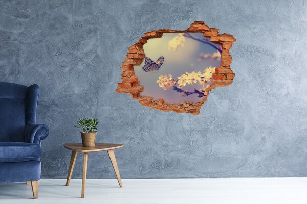 Fototapet 3D gaură în perete Peisaj floral cu un fluture