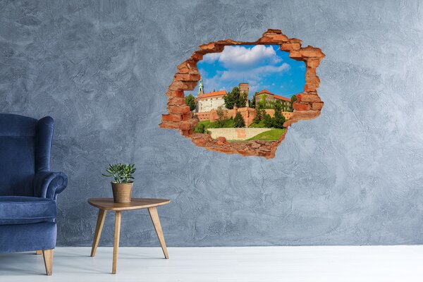 Fototapet un zid spart cu priveliște Castelul de pe deal