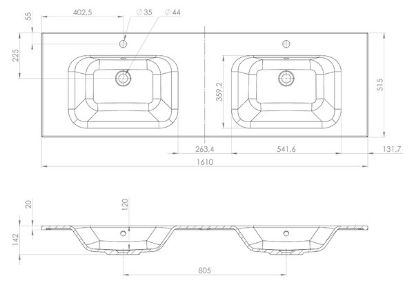 Sapho Sapho, dulap LOREA cu chiuveta dubla 161x46x51,5cm (70+20+70cm), alb mat, LE070-3131-07