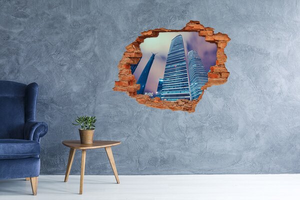 Fototapet un zid spart cu priveliște Oraș modern printr-o gaură în perete