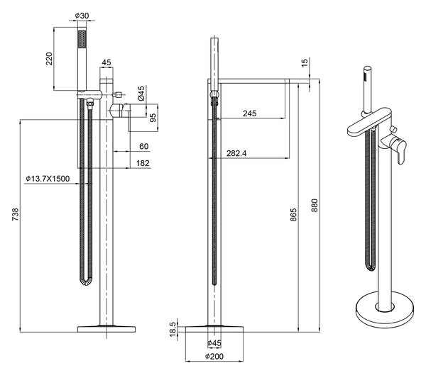 Sapho Sapho, baterie de baie SEMA cu racord la podea, 860 mm, crom, ZU420