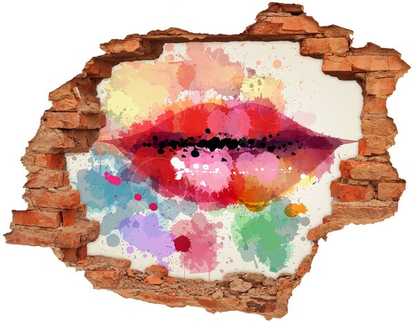 Fototapet 3D gaură în perete buzele colorate