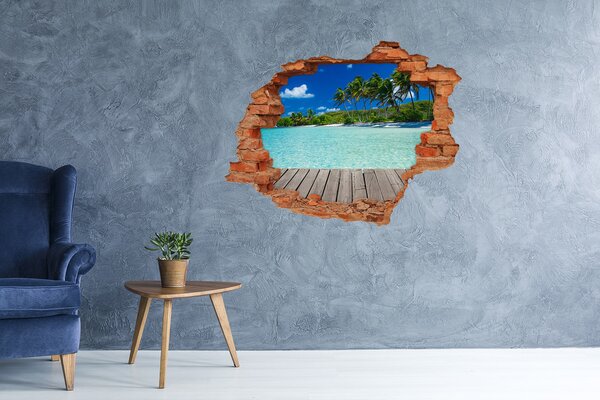 Autocolant de perete gaură 3D Oază tropicală de pe malul mării