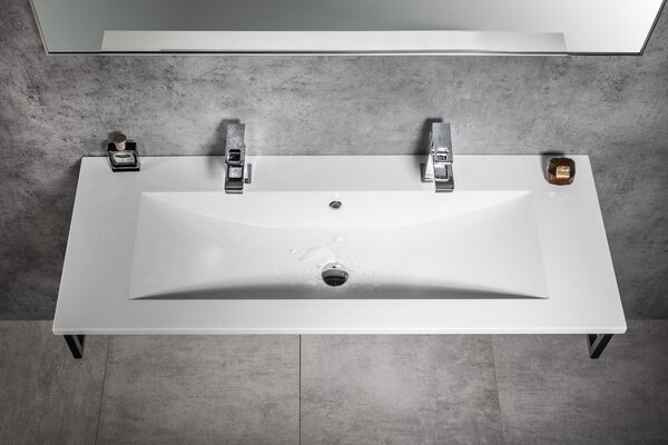 Sapho Sapho, chiuveta YUKON 120x45cm, 2 orificii pentru robinet, marmura turnata, alb, YU122
