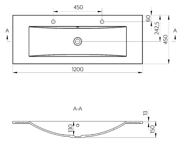 Sapho Sapho, chiuveta YUKON 120x45cm, 2 orificii pentru robinet, marmura turnata, alb, YU122