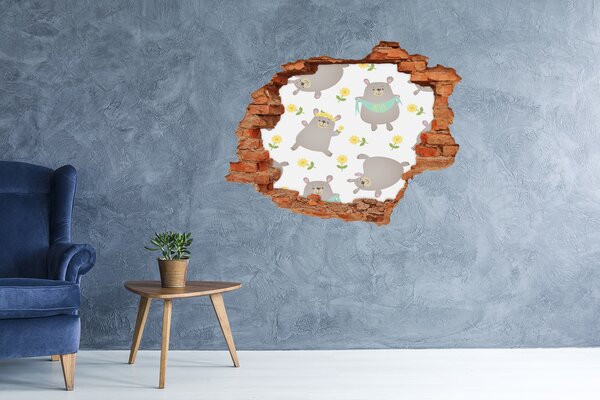 Autocolant gaură 3D Ursuleți de pluș zâmbitori într-un decor floral