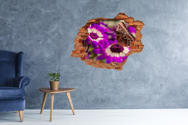 Autocolant de perete gaură 3D Fluture pe flori într-o gaură din perete