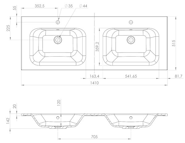 Sapho Sapho, dulap LOREA cu chiuveta dubla 141x46x51,5cm (70+70cm), alb mat, LE070-3131-01