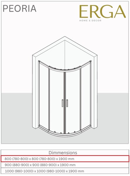 Erga Peoria, duș pătrat cu ușă glisantă 80(uşă) x 80(perete) x 190 cm, sticlă transparentă de 6 mm, profil cromat, ERG-Q02-PEORIA-D080D080-CL-CR