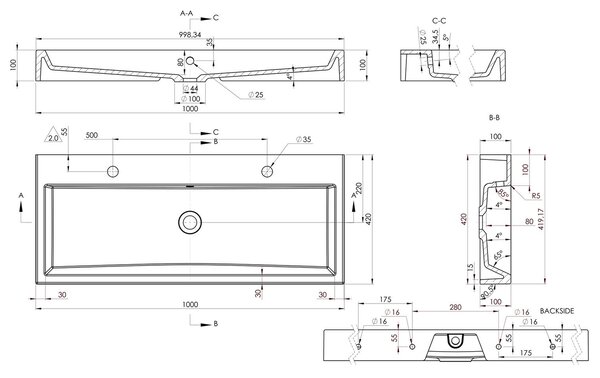 Sapho Sapho, lavoar ORINOKO, marmura, 100x42 cm, 2 gauri pentru baterii, alb, OR101