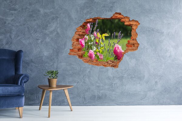 Autocolant 3D gaura cu priveliște Un paradis al florilor în spatele zidului