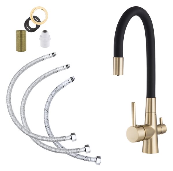 Gamma Flex, baterie de chiuvetă cu trei căi cu braț flexibil cu racord pentru filtru de apă, negru mat-auriu mat, GMA-BFXF-BGD