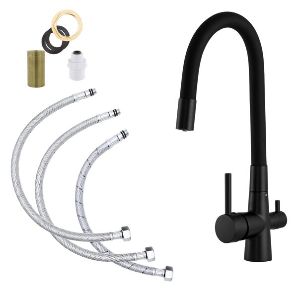 Gamma Flex, baterie de chiuvetă cu trei căi cu braț flexibil cu racord pentru filtru de apă, negru mat, GMA-BFXF-BK