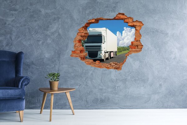 Autocolant gaură 3D Un camion pe șosea printr-o gaură în perete
